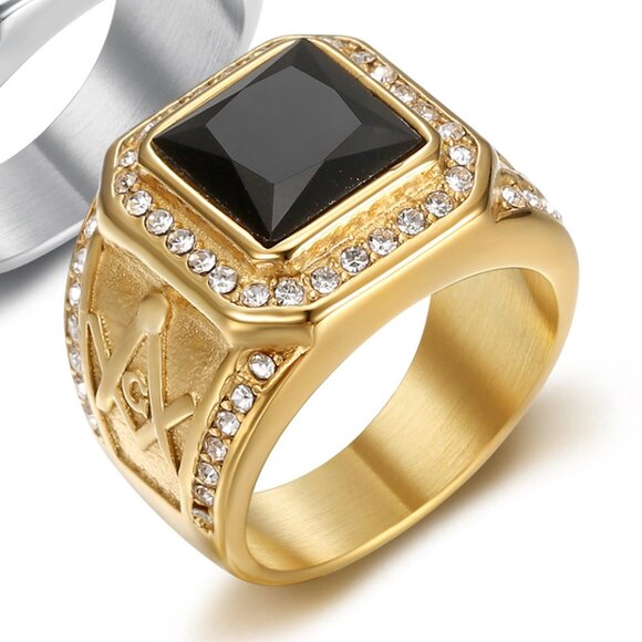 3/$35 Black Onyx Signet Titanium Ring for Men Gold Plated Band Cubic Zirconia CZ - Picture 1 of 5